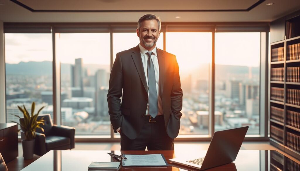 A Denver car accident attorney standing confidently in a sleek, modern office with large windows that offer a panoramic view of the city skyline. The attorney, dressed in a sharp, well-tailored suit, exudes professionalism and expertise. The lighting is soft and warm, creating a calming and reassuring atmosphere. In the foreground, a desk with a few carefully placed legal documents and a laptop, conveying the attorney's dedication to their clients' cases. The background features bookshelves filled with legal tomes, subtly hinting at the depth of knowledge and experience the attorney possesses. The overall scene communicates the reliable, trustworthy, and results-oriented nature of the Denver car accident legal representation.
