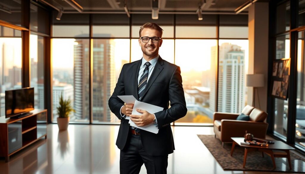 A Tampa car insurance claim attorney standing confidently in a stylish office, framed by large windows overlooking the vibrant city skyline. Warm, natural lighting bathes the scene, creating a professional and trustworthy atmosphere. The attorney, dressed in a sharp suit, holds documents and gestures with an air of expertise, ready to guide clients through the complexities of insurance claims. The interior design features a clean, modern aesthetic with minimalist decor, suggesting a focused, efficient approach to legal services. The overall composition conveys the attorney's competence, reliability, and dedication to securing the best possible outcomes for their clients.