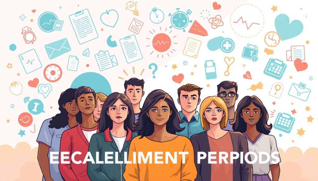 A brightly lit, high-resolution illustration depicting the concept of &amp;amp;amp;amp;amp;quot;special enrollment periods&amp;amp;amp;amp;amp;quot; for health insurance. In the foreground, a diverse group of people stand together, their faces expressing a mix of concern and determination. They are surrounded by a dynamic, abstract background featuring shapes and symbols representing various healthcare elements such as medical documents, insurance cards, and calendar icons. The lighting is warm and inviting, creating a sense of accessibility and inclusivity. The overall composition conveys the importance of understanding and taking advantage of special enrollment opportunities during life events that impact health coverage.