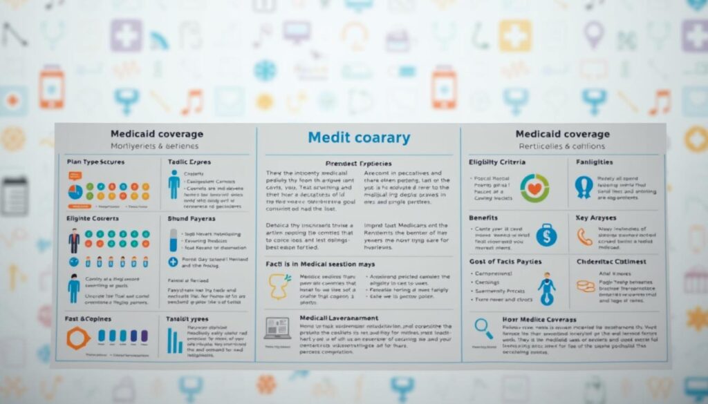 A brightly lit, meticulously detailed infographic showcasing the various Medicaid coverage options. In the foreground, a series of colorful icons and diagrams illustrate the different plan types, eligibility criteria, and key benefits. The middle ground features a clean, minimalist layout with easy-to-read text explaining the coverage details. In the background, a soft, blurred pattern of medical symbols and shapes creates a sense of professionalism and authority. The overall mood is informative, accessible, and visually engaging, guiding the viewer through the complexities of Medicaid with clarity and precision.