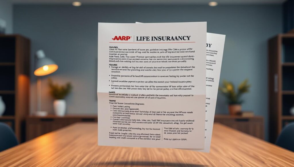 A carefully crafted AARP life insurance policy document floating in a serene, professional environment. The policy features are prominently displayed, showcased in a clean, organized layout with a focus on clarity and detail. Warm, soft lighting illuminates the pages, creating a sense of trust and reliability. The background is a muted, minimalist office setting, with subtle hints of wood and metal accents to convey a sense of stability and permanence. The overall composition is balanced and visually appealing, reflecting the comprehensive coverage and reliable protection provided by the AARP life insurance policy.
