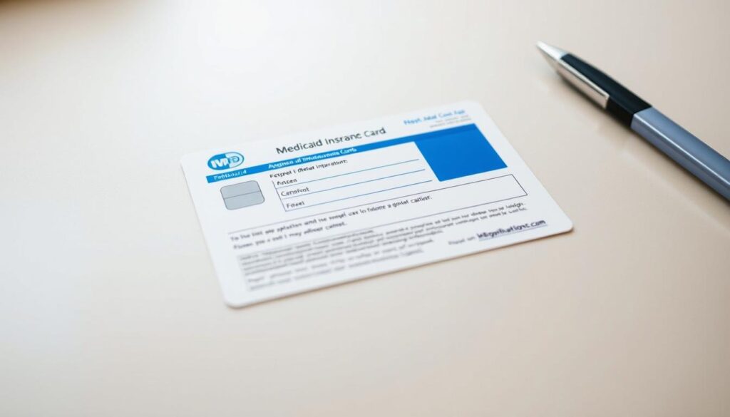 A clean, well-lit close-up shot of a Medicaid insurance card application form on a smooth, neutral-colored desk surface. The card is in the center, taking up the majority of the frame, with a soft focus on the important details like the logo, application fields, and instructions. The lighting is soft and diffused, creating a sense of professionalism and clarity. The background is slightly blurred, keeping the focus on the application form as the main subject. The overall mood is one of simplicity, organization, and ease of use, reflecting the &amp;amp;amp;amp;quot;Required Information for Replacement&amp;amp;amp;amp;quot; section of the article.