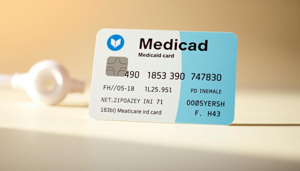 A close-up of a Medicaid card on a clean, bright background. The card has a sleek, modern design with clear text and icons. The foreground showcases the card's essential details like the patient's name, ID number, and coverage information. The middle ground features a subtle grid or pattern, symbolizing the administrative processes involved in obtaining a replacement. The background is softly blurred, hinting at the healthcare system behind the card. Warm, natural lighting creates a sense of trustworthiness and professionalism. The overall mood is informative, organized, and reassuring, reflecting the importance of having a valid Medicaid card.