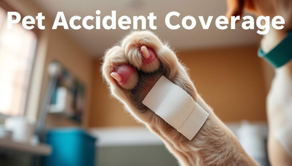 A close-up of a dog's paw with a bandage, symbolizing pet accident coverage. The paw is set against a soft, blurred background of a veterinary clinic, conveying a sense of care and protection. The lighting is warm and natural, highlighting the details of the bandage and the dog's fur. The composition is clean and balanced, drawing the viewer's attention to the central focus of the image. The overall mood is one of reassurance and security, reflecting the benefits of pet accident insurance.