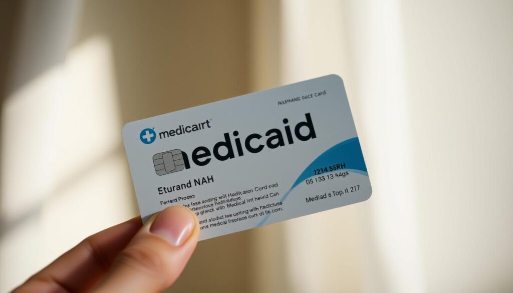 A close-up view of a Medicaid insurance card against a softly blurred background. The card is held in a person's hand, showcasing the detailed design and information printed on it. The lighting is natural and diffused, creating a warm, inviting atmosphere. The image conveys a sense of accessibility and guidance, highlighting the importance of the Medicaid assistance program in providing healthcare coverage and support.