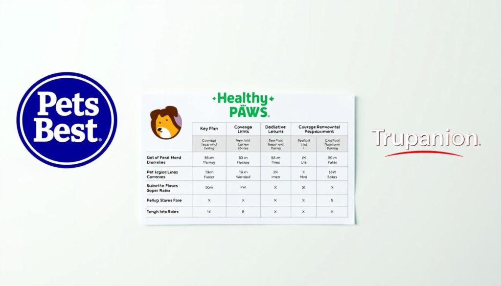 A comparative analysis of pet insurance plans set against a clean, minimalist backdrop. In the foreground, three distinct pet insurance logos - Pets Best, Healthy Paws, and Trupanion - arranged in a grid layout. The middle ground showcases a side-by-side visual comparison of key plan features, such as coverage limits, deductibles, and reimbursement rates, presented in a clear, infographic-style design. The background features a soft, pastel-toned gradient, creating a sense of balance and focus on the central elements. Crisp, even lighting from multiple angles highlights the professional, authoritative tone. The overall composition conveys a comprehensive, easy-to-digest comparison of leading pet insurance options.