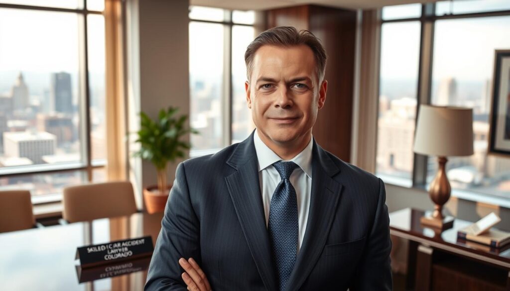 A confident, sharply-dressed man with a serious expression, standing in a modern, well-lit law office. His desk features a nameplate that reads &amp;amp;amp;amp;quot;SKILLED CAR ACCIDENT LAWYER COLORADO.&amp;amp;amp;amp;quot; Behind him, a large window offers a panoramic view of the Denver skyline. The room is decorated with tasteful, professional furnishings, conveying an atmosphere of expertise and authority. The lighting is warm and flattering, creating a sense of competence and trustworthiness. The overall scene suggests a skilled, experienced attorney who is ready to provide exceptional legal representation to clients in need.