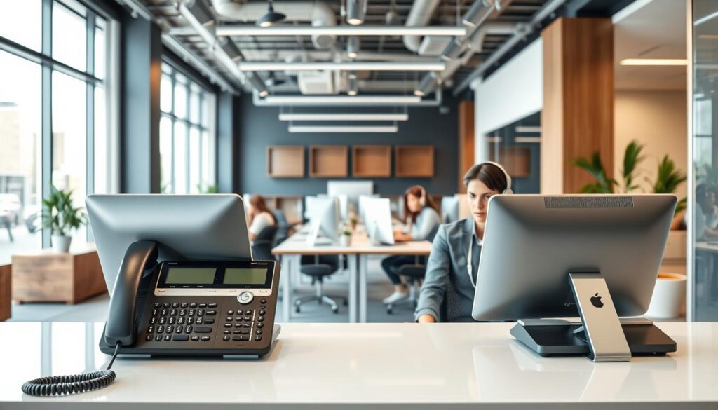 A contemporary and professional-looking office setting with a receptionist desk in the foreground, featuring a high-quality telephone and computer setup. In the middle ground, a team of customer service representatives are diligently working at their desks, communicating on headsets. The background showcases a sleek, modern interior design with minimalist decor, ample natural lighting, and a warm, inviting atmosphere. The overall scene conveys efficiency, attentiveness, and a commitment to providing exceptional customer service, reflecting the features of a reliable real estate answering service.