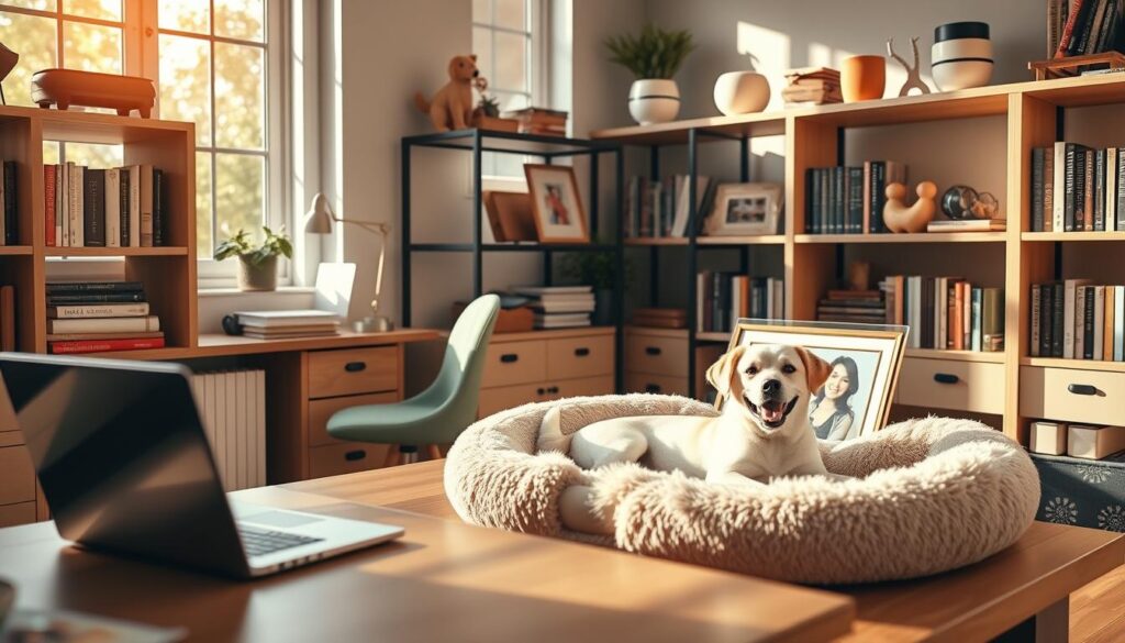 A cozy home office scene with a laptop, desk, and shelves filled with books and pet accessories. A friendly dog or cat lounges on a plush pet bed, surrounded by pet-themed decor like bowls, toys, and a framed image of the beloved animal. Warm, natural lighting filters through large windows, creating a serene and inviting atmosphere. The overall scene conveys the idea of customizing an insurance policy to cater to the unique needs and comforts of a beloved household pet.