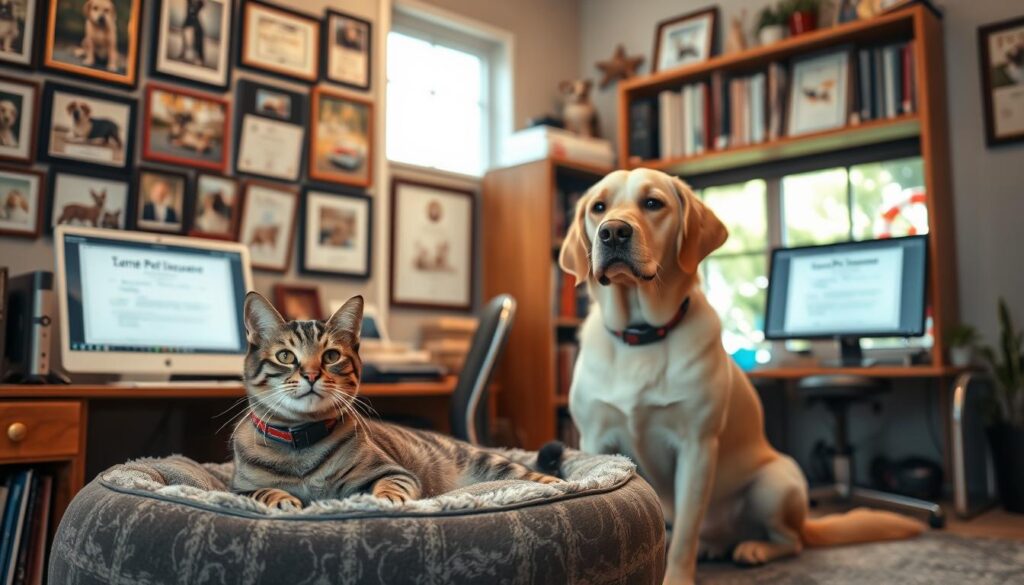 A cozy home office setting, with a desktop computer and a variety of framed pet photos and certificates covering the walls. In the foreground, a well-loved tabby cat lounges on a plush pet bed, while a golden retriever sits attentively, both wearing stylish pet insurance collars. Soft, warm lighting illuminates the scene, creating a welcoming and trustworthy atmosphere. The background features a bookshelf filled with references on pet care and a window overlooking a vibrant outdoor garden, hinting at the importance of responsible pet ownership and the value of comprehensive insurance coverage.