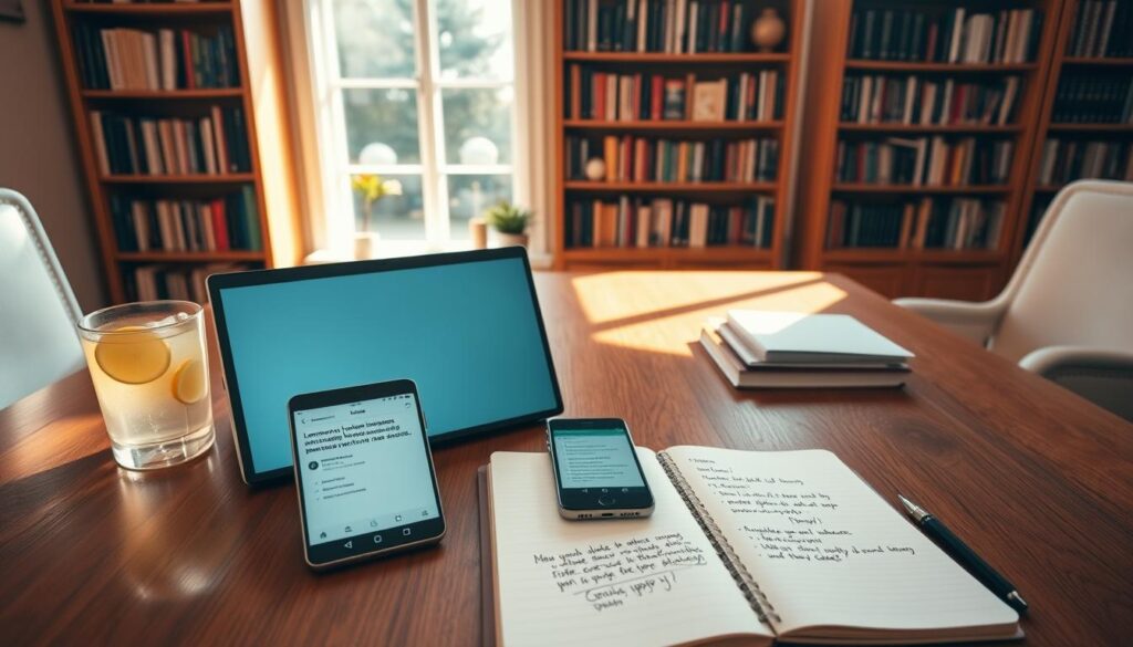 A cozy home office with a large wooden desk, where a laptop and a glass of lemonade sit side-by-side. Warm, natural lighting streams in through the window, casting a soft glow on the scene. On the desk, an open notebook displays handwritten notes and a smartphone displaying customer reviews of the Lemonade home insurance service. The background features bookcases filled with volumes, creating an atmosphere of professionalism and expertise. The overall mood is one of thoughtful consideration and attention to detail, reflecting the importance of customer feedback.