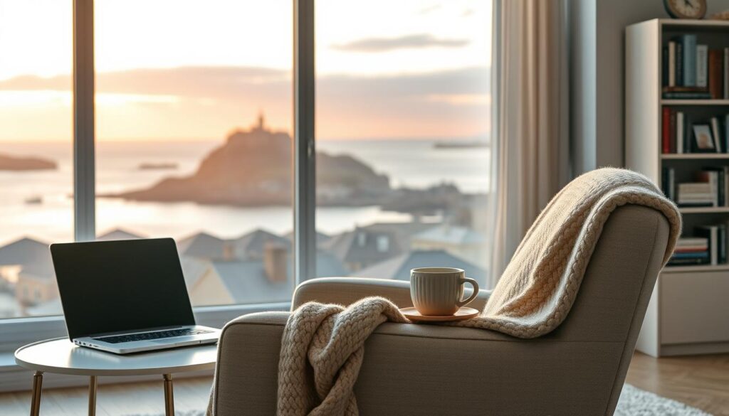 A cozy living room interior with a large window overlooking a scenic coastal landscape. A comfortable armchair sits in the foreground, a plush throw blanket draped over the back. On a side table, an open laptop and a mug of hot tea suggest a peaceful, relaxed atmosphere. The middle ground features a sleek bookshelf filled with volumes, while the background showcases the iconic silhouette of Plymouth Rock against a warm, golden sunset sky. Soft, diffused lighting creates a tranquil, inviting ambiance. The overall composition conveys a sense of security, practicality, and the value of renters insurance for those seeking to protect their cherished possessions.