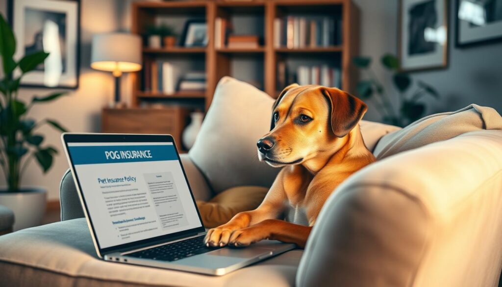 A cozy living room setting with a medium-sized dog lounging on a plush armchair, gazing attentively at a laptop screen displaying a dog insurance policy. The room is bathed in warm, soft lighting, creating a sense of comfort and security. In the background, bookshelves and framed artwork add a touch of sophistication, while a potted plant in the corner adds a natural, calming element. The dog's expression conveys a sense of trust and protection, reflecting the essential role of pet insurance in safeguarding the well-being of beloved canine companions.