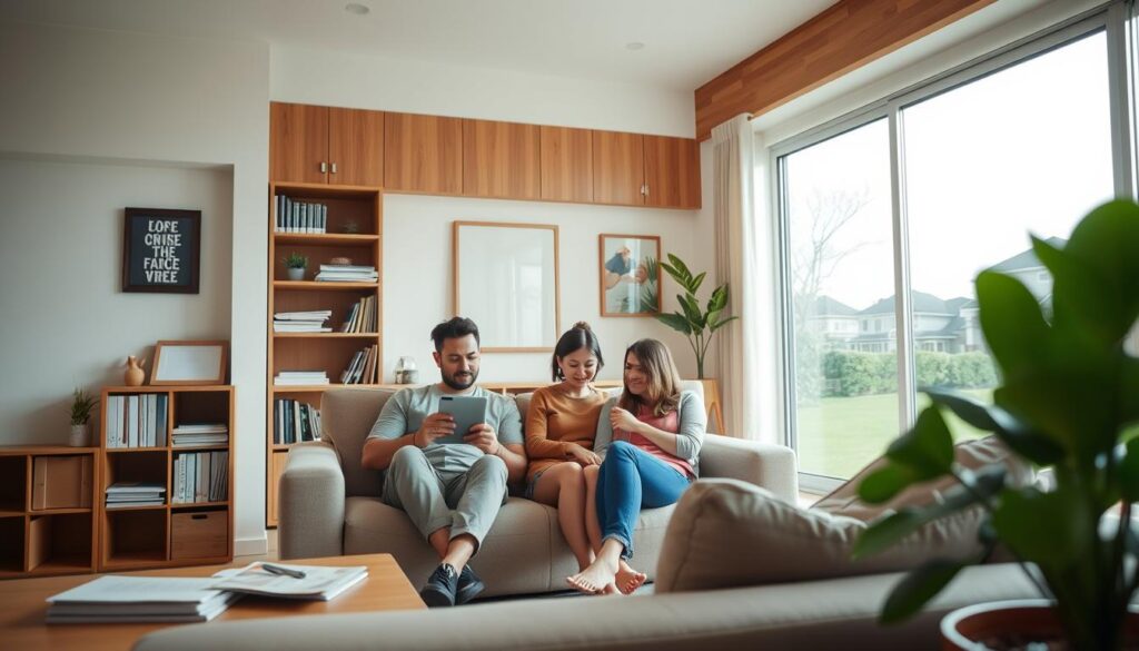 A cozy, well-lit interior of an affordable, modern home with warm wooden accents and clean lines. In the foreground, a family relaxing on a comfortable sofa, discussing their home insurance coverage details on a tablet. In the middle ground, a neatly organized bookshelf filled with financial documents and a potted plant adding a touch of nature. The background showcases a large window overlooking a peaceful suburban neighborhood, bathed in soft, diffused sunlight. The overall scene conveys a sense of financial security, family contentment, and a well-protected home.