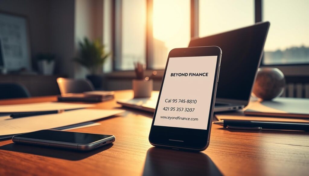 A crisp, high-resolution image of a modern office desk featuring a laptop, a smartphone, and various office supplies. The desk is illuminated by warm, natural lighting from a large window in the background, casting a soft glow on the scene. The smartphone's screen displays the Beyond Finance contact information, including a phone number, email address, and website URL, all presented in a clean, minimalist layout. The overall atmosphere conveys a sense of professionalism, efficiency, and ease of access to the financial services provider.