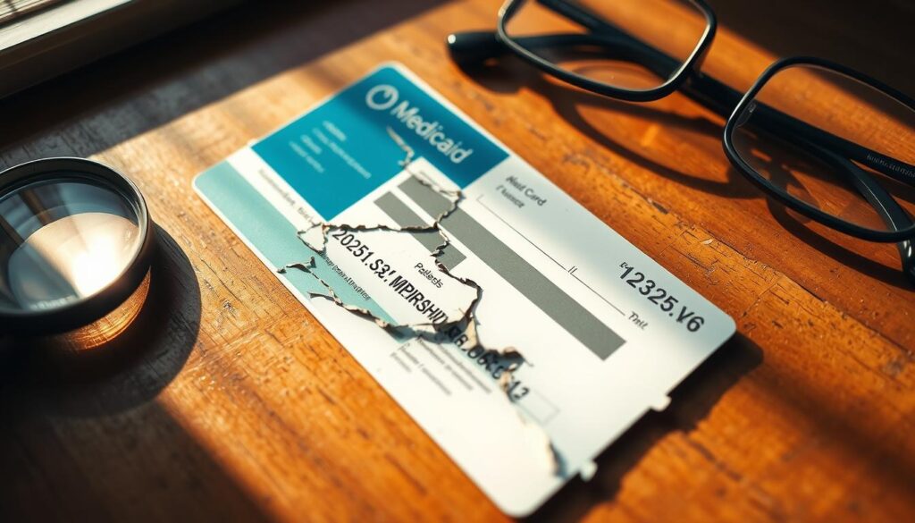 A damaged Medicaid card lies on a wooden desk, with a magnifying glass and a pair of reading glasses nearby. The card's edges are frayed, and a crack runs across the surface, obscuring the patient's information. Soft, warm lighting from a nearby window casts gentle shadows, creating a pensive atmosphere. The scene evokes the need for a replacement card, highlighting the importance of maintaining healthcare coverage. The overall composition emphasizes the attention to detail and the care required to address this common issue.