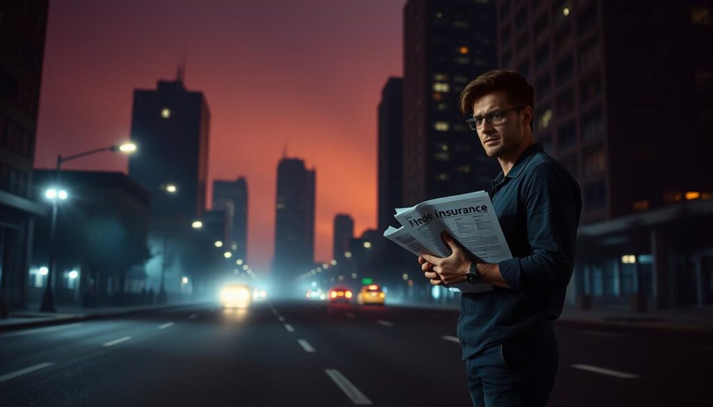 A deserted city street at dusk, the streetlights casting an eerie glow. In the foreground, a person stands alone, clutching a pile of insurance documents, their expression one of worry and uncertainty. The middle ground is hazy, with a sense of disconnection and isolation. In the background, towering skyscrapers loom, their windows dark and lifeless, symbolizing the lapse in coverage. The lighting is dramatic, with shadows and highlights accentuating the sense of vulnerability and the need for protection. The overall mood is one of unease, reflecting the importance of continuous insurance coverage.