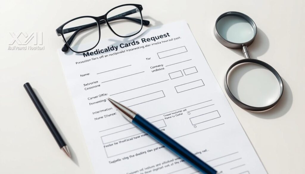 A detailed, high-resolution image of a Medicaid insurance card request form laid out on a clean, well-lit desk. The form is positioned in the center, showcasing its key fields and design elements. A pen, glasses, and a magnifying glass are neatly arranged around the form, creating a sense of attention to detail. The background is a soft, neutral tone, allowing the form to be the focal point. The lighting is bright and natural, creating crisp shadows and highlighting the textures of the materials. The overall mood is professional, organized, and focused, reflecting the importance of the Medicaid insurance card request process.