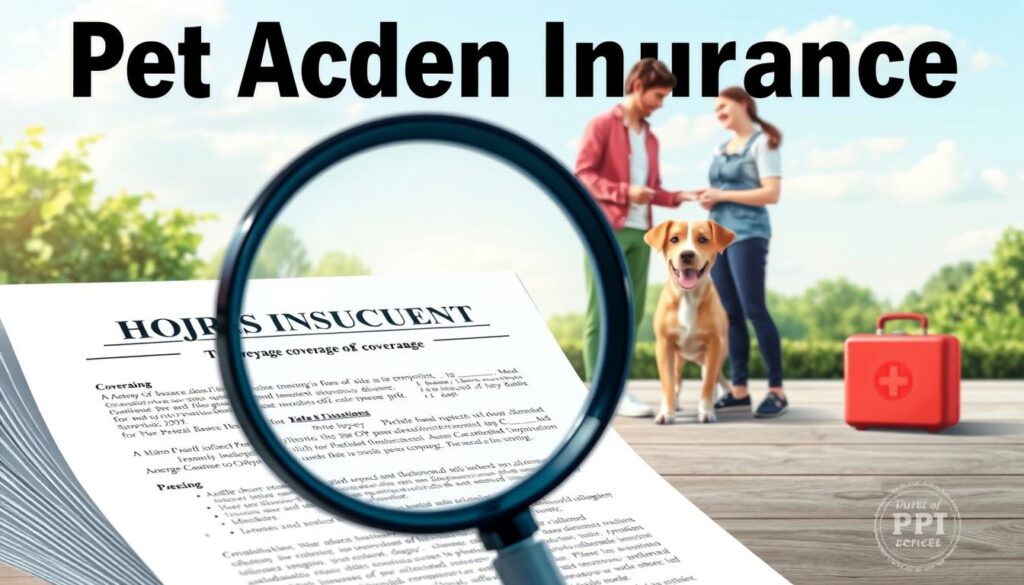 A detailed illustration of a pet accident insurance policy, showcasing the key coverage and benefits. In the foreground, a magnifying glass hovers over an open insurance document, highlighting the fine print and policy details. In the middle ground, a playful dog and concerned owner stand beside a first-aid kit, conveying the need for comprehensive protection. The background features a serene, natural setting with lush greenery and a calming sky, creating a sense of tranquility and care. The lighting is soft and diffused, emphasizing the importance of this financial safeguard for pet owners. The overall composition and style evoke a sense of professionalism, reliability, and the peace of mind that pet accident insurance can provide.