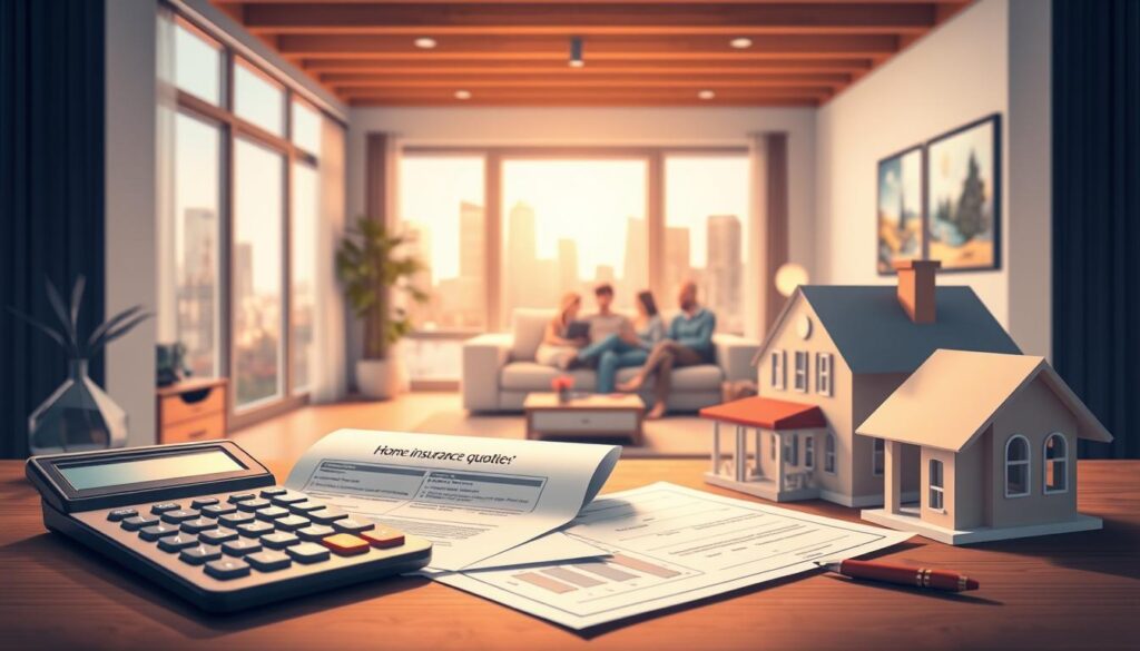 A detailed, neatly organized home insurance quote illustration depicting a modern, well-lit interior. In the foreground, a calculator, insurance documents, and a house model symbolize key factors affecting rates. The middle ground showcases a family relaxing in a comfortable living room, while the background features a cityscape, conveying the broader context. The lighting is warm and natural, with soft shadows and highlights that enhance the scene's realism. The overall atmosphere is one of careful consideration and financial responsibility.