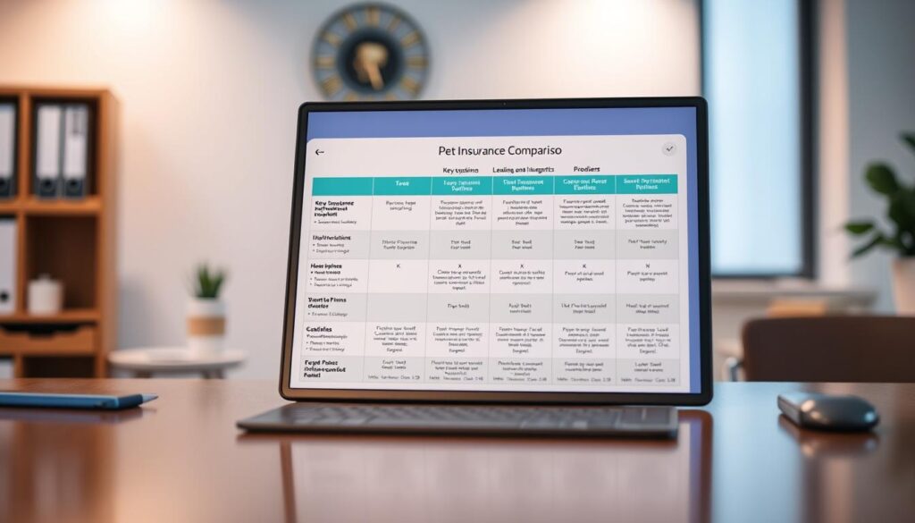 A detailed pet insurance comparison chart displayed on a modern, minimalist office desk. The chart showcases key coverage options, premiums, and benefits for leading pet insurance providers, presented in a clean, organized layout. Soft, indirect lighting creates a professional, informative atmosphere, while the shallow depth of field focuses attention on the chart details. The desk surface reflects the scene, adding depth and a sense of high-quality presentation. The overall composition conveys a comprehensive, easy-to-understand visualization of pet insurance coverage options.