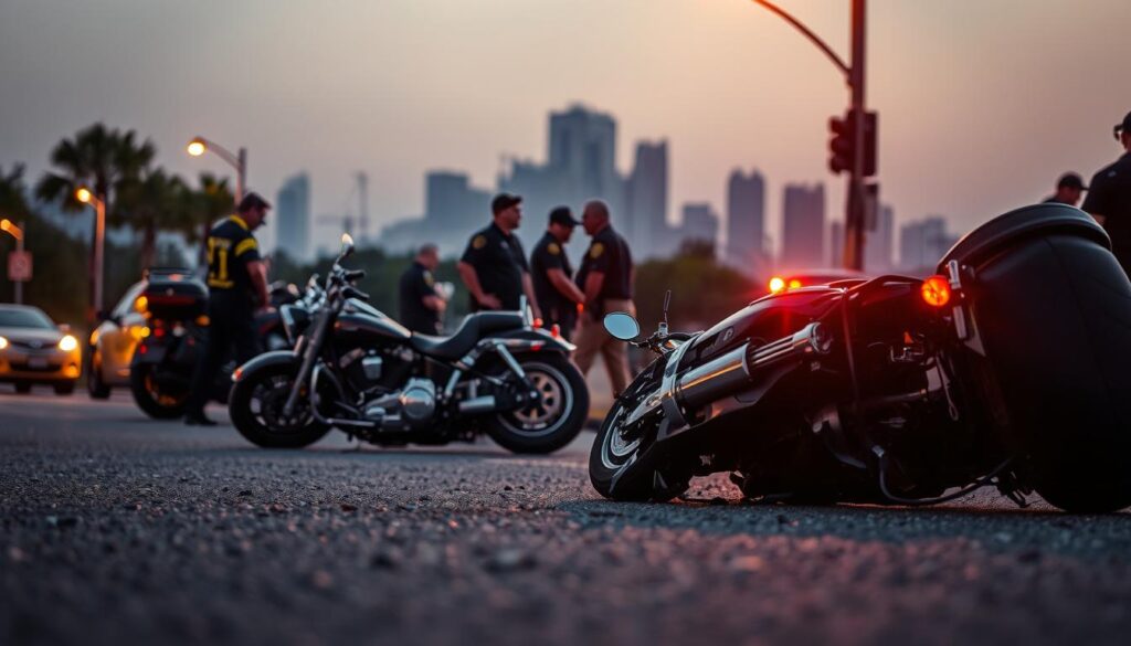 A detailed scene of a Savannah, Georgia motorcycle accident, illuminated by warm evening light and captured from a low angle. In the foreground, a damaged motorcycle lies on the asphalt, its chrome glinting under the glow of street lamps. In the middle ground, a group of emergency responders in uniform attend to an injured rider, their faces etched with concern. In the background, the city skyline rises, hazy and indistinct, conveying the sense of a busy urban environment. The overall atmosphere is one of tension and urgency, reflecting the importance of understanding the laws governing such incidents.