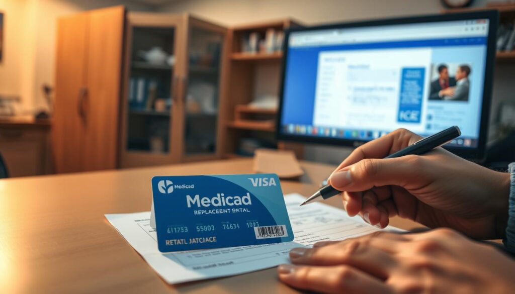 A dimly lit medical office, a Medicaid card prominently displayed on a desktop. In the foreground, a hand fills out a replacement form, pen gliding across the paper. The middle ground features a computer monitor showcasing the online Medicaid portal, its interface guiding the user through the replacement process. In the background, cabinets and shelves hold patient records, creating a sense of institutional authority. Soft, warm lighting casts a comforting glow, while the composition conveys a methodical, problem-solving atmosphere. Depth of field blurs the periphery, drawing the viewer's focus to the card replacement task at hand.