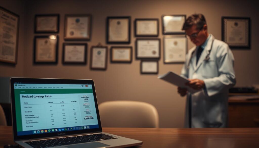 A dimly lit medical office, with a desk in the foreground showcasing a laptop displaying Medicaid coverage status information. In the middle ground, a doctor in a white coat examines patient files, conveying a sense of thoughtful analysis. The background features a softly blurred wall of diplomas and certificates, establishing an atmosphere of medical expertise. Warm lighting casts subtle shadows, creating depth and a contemplative mood as the doctor reviews the Medicaid details. The overall scene reflects the importance of understanding one's Medicaid coverage and the role of healthcare professionals in managing it.