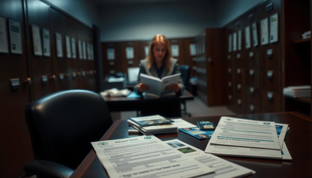 A dimly lit office interior, with a desk and chair in the foreground. On the desk, various documents and forms related to Medicaid enrollment, including application forms, ID cards, and brochures. The middle ground features a person, likely a caseworker, reviewing the documents intently. The background is slightly blurred, but suggests a bureaucratic setting, with file cabinets and shelves lining the walls. The lighting is soft and warm, creating a sense of seriousness and professionalism. The overall atmosphere conveys the complexity and importance of the Medicaid enrollment process.