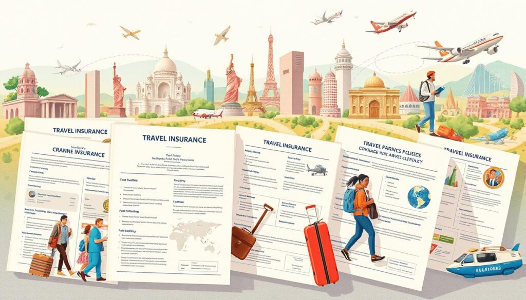 A diverse array of travel insurance policies depicted in a visually striking, meticulously detailed illustration. In the foreground, various policy documents and brochures are showcased against a light, airy backdrop, each with distinct coverage details and symbols. The middle ground features travelers in diverse situations - a family going on vacation, a solo adventurer, and a business person on a work trip - representing the varied protection needs. The background displays a scenic landscape with landmarks, natural wonders, and modes of transportation, hinting at the breadth of coverage. The overall composition conveys a sense of security, preparedness, and the importance of comprehensive travel insurance.