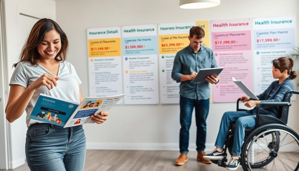 A diverse group of individuals, each representing a different health insurance option, stands in a well-lit room with clean, modern decor. The foreground features a woman in casual attire, smiling and gesturing towards an informative brochure in her hand. In the middle ground, a middle-aged man examines a laptop screen, while a young person in a wheelchair reviews documents. The background showcases a vibrant display of insurance plan details, coverage options, and affordable pricing, creating an atmosphere of informative and accessible healthcare solutions for low-income individuals.