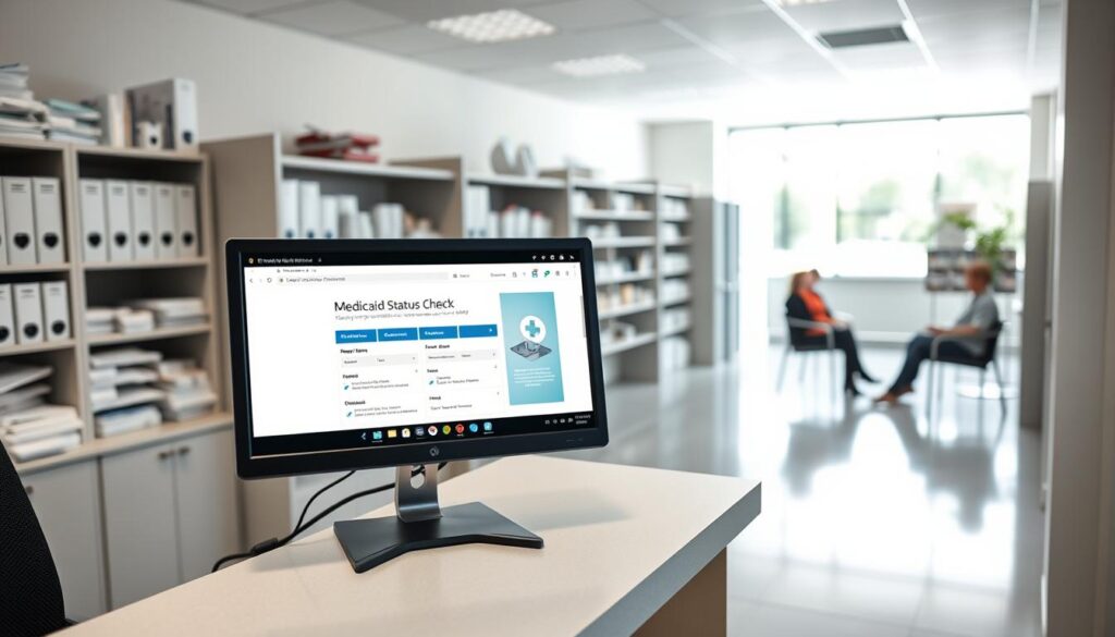 A healthcare administrative office with a reception desk in the foreground, a computer monitor displaying a Medicaid status check application on the desk. In the middle ground, people sitting in chairs, waiting to be assisted. The background shows shelves with medical files and supplies, conveying the professional, clinical atmosphere of a government healthcare facility. Bright, natural lighting floods the space, creating a sense of transparency and accessibility. The overall mood is one of efficiency and institutional reliability, inviting the viewer to confidently engage with the Medicaid status check process.