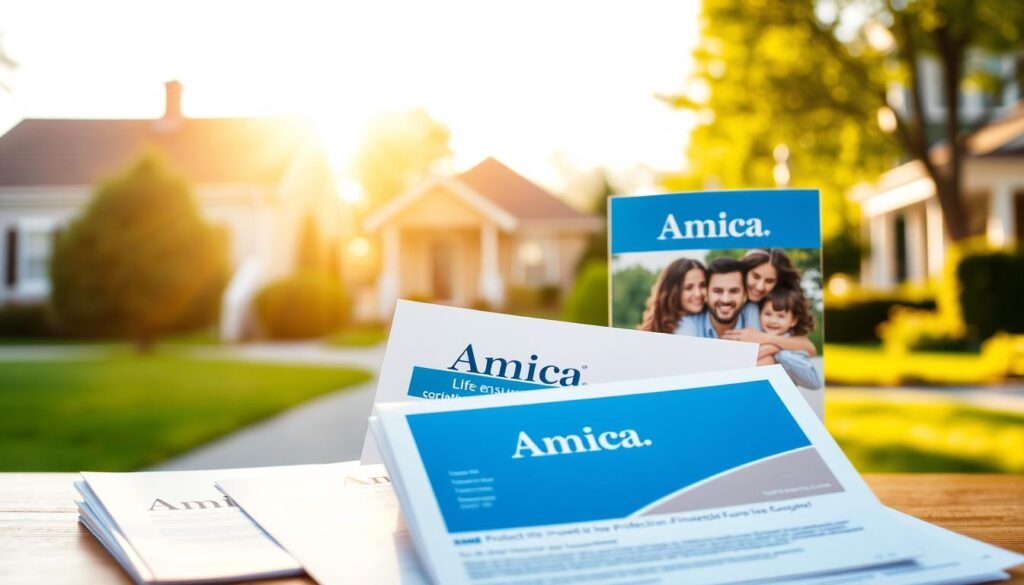 A high-quality, visually striking image of Amica Life Insurance products. The foreground features a stack of insurance policy documents, brochures, and leaflets, each with a distinct Amica logo and design. The middle ground showcases a family portrait, emphasizing the company's focus on protecting loved ones. The background depicts a serene, sun-dappled scene of a suburban neighborhood, conveying a sense of security and stability. The lighting is warm and inviting, creating a professional yet approachable atmosphere. The composition is balanced and symmetrical, with the Amica products taking center stage. This image effectively communicates the essence of Amica Life Insurance and its commitment to safeguarding the financial futures of its customers.