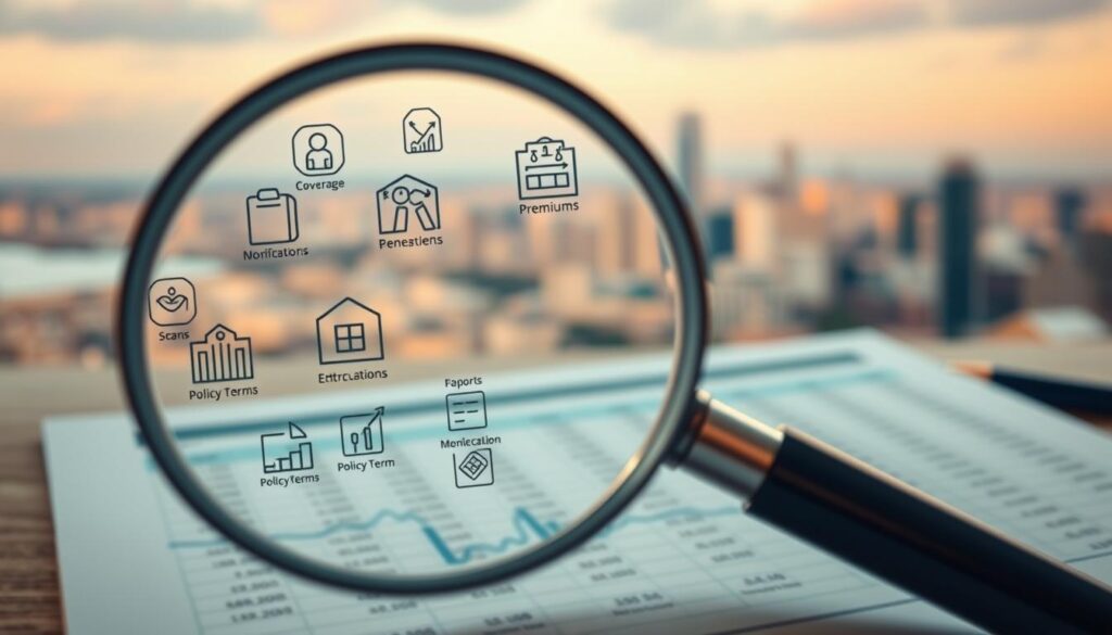 A high-resolution, detailed image of the key factors to consider when choosing a life insurance policy. In the foreground, a magnifying glass hovers over various icons representing factors such as coverage, premiums, beneficiaries, and policy terms. In the middle ground, a spreadsheet with financial calculations and data visualizations, conveying the complex analysis required. In the background, a serene, blurred cityscape, evoking the long-term, financial security that life insurance provides. Warm, soft lighting illuminates the scene, creating a contemplative and authoritative atmosphere. A high-resolution, detailed image of the key factors to consider when choosing a life insurance policy. In the foreground, a magnifying glass hovers over various icons representing factors such as coverage, premiums, beneficiaries, and policy terms. In the middle ground, a spreadsheet with financial calculations and data visualizations, conveying the complex analysis required. In the background, a serene, blurred cityscape, evoking the long-term, financial security that life insurance provides. Warm, soft lighting illuminates the scene, creating a contemplative and authoritative atmosphere.