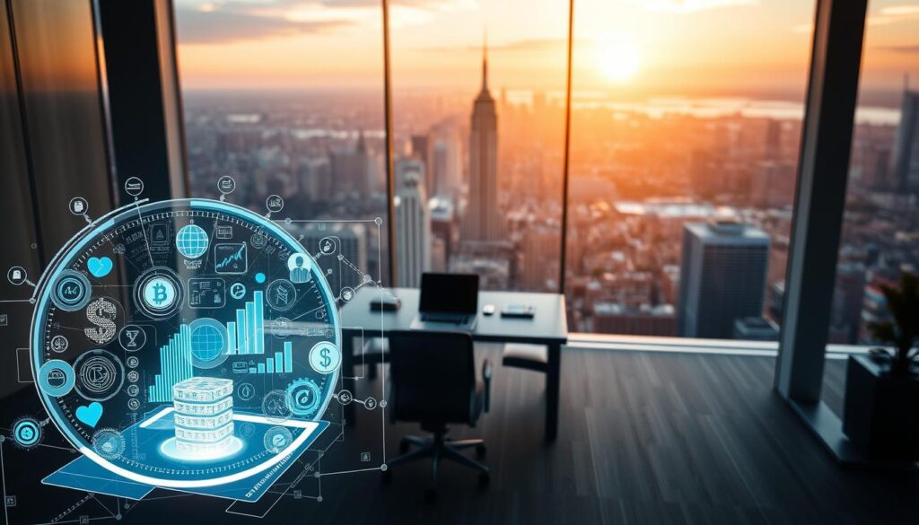 A high-tech, visually striking image depicting various income generation strategies beyond traditional finance. In the foreground, a holographic display showcases a diverse array of digital assets, cryptocurrencies, and investment opportunities. In the middle ground, a sleek, futuristic office space with floor-to-ceiling windows overlooking a bustling cityscape. The background features a panoramic view of a skyline, bathed in a warm, golden glow from the setting sun. The overall atmosphere conveys a sense of innovation, opportunity, and the boundless potential of the evolving financial landscape.