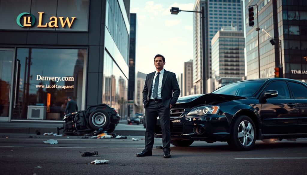 A law office in Denver, Colorado, with a sleek, modern exterior featuring a large window displaying the firm's name and logo. The foreground shows a car accident scene, with a crumpled vehicle and debris on the street, captured in a dramatic, cinematic lighting. The middle ground showcases a determined, well-dressed lawyer, standing at the scene, ready to provide legal representation. The background features the bustling city of Denver, with skyscrapers and a clear, blue sky, conveying a sense of professionalism and expertise in handling car accident cases.