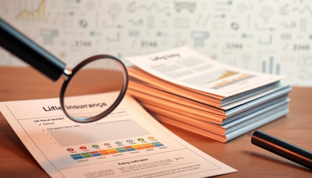 A meticulously composed illustration depicting the key aspects of life insurance ratings. A clean, elegant layout with a professional, informative tone. In the foreground, a magnifying glass hovers over a series of rating scales, their nuanced gradients and symbols conveying the nuances of financial strength, claims-paying ability, and customer satisfaction. In the middle ground, a stack of documents and charts unfolds, showcasing the data and methodology behind these ratings. The background features a subtle pattern of financial icons and graphs, creating a sense of depth and context. Warm, muted lighting casts a subtle glow, lending an air of authority and trustworthiness to the scene. Captured with a sharp, high-resolution lens to ensure clarity and visual impact.