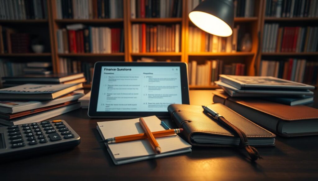 A meticulously organized desk, adorned with finance textbooks, a calculator, and a tablet displaying finance practice questions. Soft, warm lighting illuminates the scene, casting a professional, focused atmosphere. In the middle ground, a well-sharpened pencil and a leather-bound notebook stand ready for note-taking. The background features a bookshelf filled with finance-related resources, hinting at the depth of knowledge required for successful finance test preparation. The overall composition conveys a sense of diligence, attention to detail, and a commitment to mastering the subject matter.