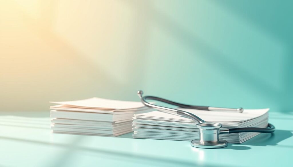 A minimalist, informative illustration depicting the core elements of health insurance. In the foreground, a clean, crisp stack of medical documents and a modern, metallic stethoscope. In the middle ground, a simplified, yet detailed diagram of health insurance coverage, with key terms like &amp;amp;amp;amp;amp;quot;deductible,&amp;amp;amp;amp;amp;quot; &amp;amp;amp;amp;amp;quot;copay,&amp;amp;amp;amp;amp;quot; and &amp;amp;amp;amp;amp;quot;network.&amp;amp;amp;amp;amp;quot; The background features a soft, gradient wash of soothing blues and greens, creating a sense of tranquility and trust. Bright, natural lighting from the left side casts subtle shadows, adding depth and dimensionality to the scene. The overall mood is one of clarity, professionalism, and ease of understanding, perfectly suited to illustrate the &amp;amp;amp;amp;amp;quot;Understanding Health Insurance Basics&amp;amp;amp;amp;amp;quot; section.