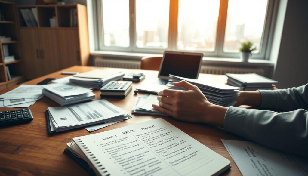 A minimalist office interior with a large wooden desk, a laptop, a calculator, and various finance-related documents and forms. In the foreground, a person's hands are organizing and sorting through stacks of bills and financial statements. Soft, warm lighting illuminates the scene, creating a contemplative and focused atmosphere. The middle ground features an open notebook with handwritten notes on debt management strategies, and the background shows a window overlooking a cityscape, symbolizing the broader economic context. The overall composition conveys a sense of diligence, problem-solving, and the pursuit of financial stability.