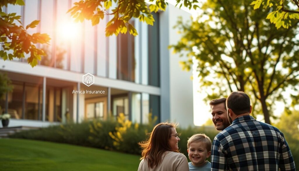 A modern, clean-lined building with sleek glass facades, nestled in a lush, verdant landscape. Sunlight filters through the windows, casting a warm, inviting glow. In the foreground, a family gathers, their expressions radiating a sense of security and peace of mind. Subtle icons and graphics suggest the comprehensive coverage and personalized service of Amica Insurance. The overall atmosphere conveys a feeling of affordability, reliability, and trust - the cornerstones of a solid insurance plan.