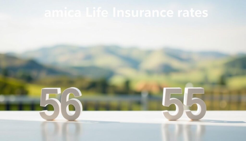 A modern, minimalist comparison of Amica life insurance rates. In the foreground, a clean, elegant display of numerical figures representing various policy options, with a subtle gradient background. The middle ground features a serene, blurred landscape of rolling hills and a clear sky, conveying a sense of financial security and protection. The lighting is soft and natural, creating a calm and inviting atmosphere. The composition is balanced, with the insurance rates taking center stage, framed by the peaceful scenery. The overall mood is one of trust, reliability, and financial well-being.