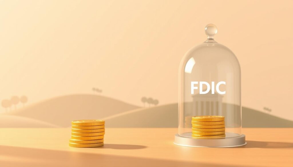 A modern, minimalist illustration of FDIC insurance coverage. In the foreground, a stack of gold coins representing a secure bank deposit, shielded by a transparent glass dome labeled &amp;amp;amp;amp;amp;quot;FDIC&amp;amp;amp;amp;amp;quot;. The middle ground features a serene, geometric landscape of rolling hills and a stylized banking building, conveying a sense of stability and trust. The background is filled with a soft, gradient sky, creating a calming, professional atmosphere. The lighting is warm and directional, casting subtle shadows that add depth and dimension to the scene. The composition is balanced and clean, using a muted color palette to emphasize the key FDIC insurance elements.