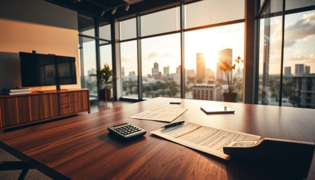 A modern office interior with a large wooden desk, a computer monitor, and a Tampa city skyline visible through a window. On the desk, there are several documents, a pen, and a calculator, symbolizing the car insurance claim process. The lighting is warm and inviting, conveying a sense of professionalism and efficiency. The overall scene suggests a comprehensive and streamlined approach to handling car insurance claims in Tampa.