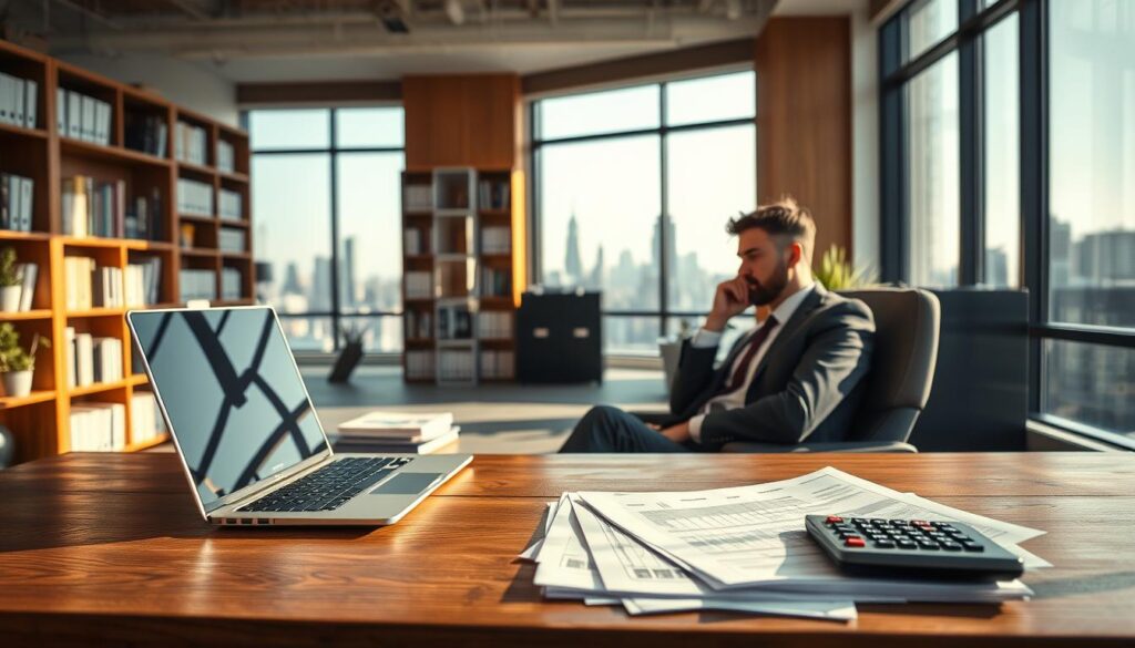 A modern office interior with warm, natural lighting filtering through large windows. In the foreground, a wooden desk displays a laptop, a stack of financial documents, and a calculator. Framed against the middle-ground of bookshelves and filing cabinets, a person in professional attire sits in a comfortable chair, deep in thought as they review the documents. The background features a cityscape visible through the windows, conveying a sense of productivity and success. The overall atmosphere is one of focused contemplation and financial acumen.
