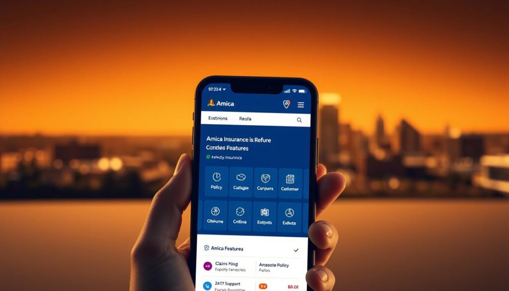 A modern, sleek mobile app interface showcasing Amica Insurance's top features for Oklahoma customers. In the foreground, a hand holds a smartphone displaying the app's clean, intuitive design - bold typography, clear icons, and vibrant colors. The middle ground features a range of key functionalities like policy management, claims filing, and 24/7 support. In the background, a blurred cityscape of Oklahoma's skyline evokes a sense of security and reliability. Warm lighting creates a polished, professional atmosphere, while a subtle gradient adds depth and sophistication to the overall composition.