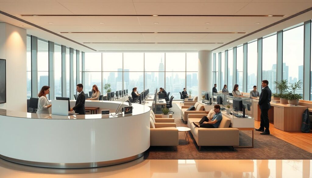 A modern, well-lit office interior with a clean, minimalist aesthetic. In the foreground, a curved reception desk staffed by friendly customer service representatives, dressed in professional attire, ready to assist customers. The middle ground features rows of comfortable seating and workstations, where customers can discuss their financial needs. In the background, large windows offer a view of a bustling city skyline, conveying a sense of a thriving financial hub. The lighting is warm and inviting, creating a welcoming atmosphere. The overall scene exudes an air of professionalism, efficiency, and a commitment to providing exceptional customer care services.
