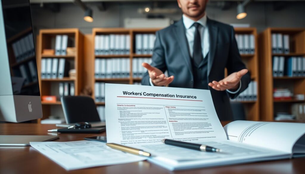 A modern, well-lit office interior with a focus on workers' compensation insurance documents and paperwork. In the foreground, a desk with a computer, pen, and an open folder displaying policy details. In the middle ground, an insurance agent in a suit gesturing towards the documents, conveying a sense of professionalism and expertise. The background features shelves of organized files and bookshelves, suggesting a well-established insurance provider. The lighting is soft and warm, creating a welcoming and trustworthy atmosphere. The overall composition emphasizes the importance of choosing the right insurance provider to safeguard a company's future.