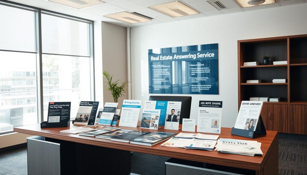 A modern, well-lit office interior with a large desk showcasing a range of real estate phone answering service providers. The desk features brochures, pamphlets, and various promotional materials, each highlighting the unique features and capabilities of the different services. The background features a large window, allowing natural light to flood the space and create a professional, welcoming atmosphere. The camera angle is slightly elevated, providing a comprehensive view of the desk and its contents, allowing the viewer to easily compare and contrast the different real estate phone answering service options.