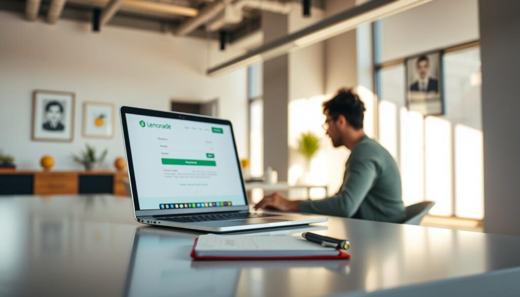 A modern, well-lit office interior with a sleek desk showcasing a laptop, notepad, and pen. In the foreground, a person sits at the desk, engaged in the Lemonade home insurance quote process on the laptop screen. The walls feature minimalist decor, and natural light streams in through large windows, creating a bright and inviting atmosphere. The overall scene conveys a sense of efficiency, professionalism, and ease of use for the Lemonade home insurance quote process.